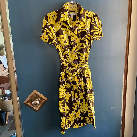 DIANE VON FURSTENBERG DVF Collared Pockets Fit Flare Dress Size 2 Leaf Hawaiian - Picture 5 of 10